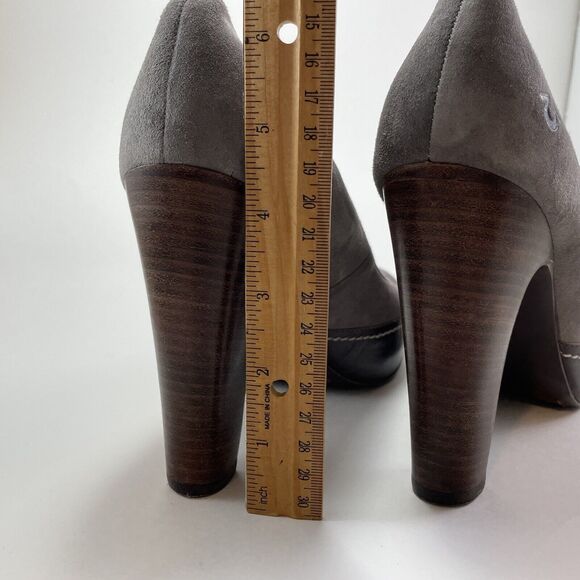 True Religion High Heel Platforms Women’s 8.5 Gray Suede Brown Leather 4.5" Heel - Picture 13 of 16